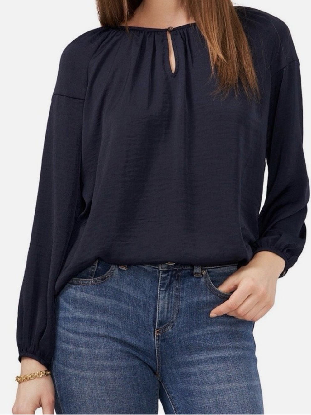 Vince Camuto Navy Long-Sleeve Keyhole Peasant Blouse